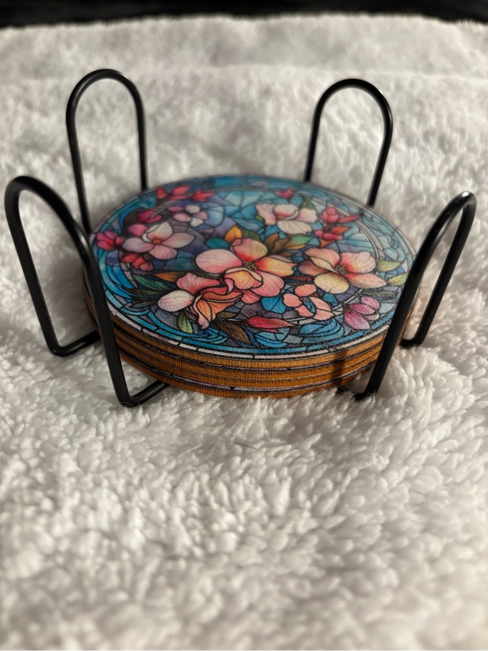 Floral Stained-Glass Round Coaster Set with Black Holder